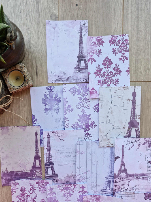 15 Adet Mor Eyfel Kulesi Temalı Scrapbook Kağıt Seti Bullet Journal Dekupaj Kağıdı