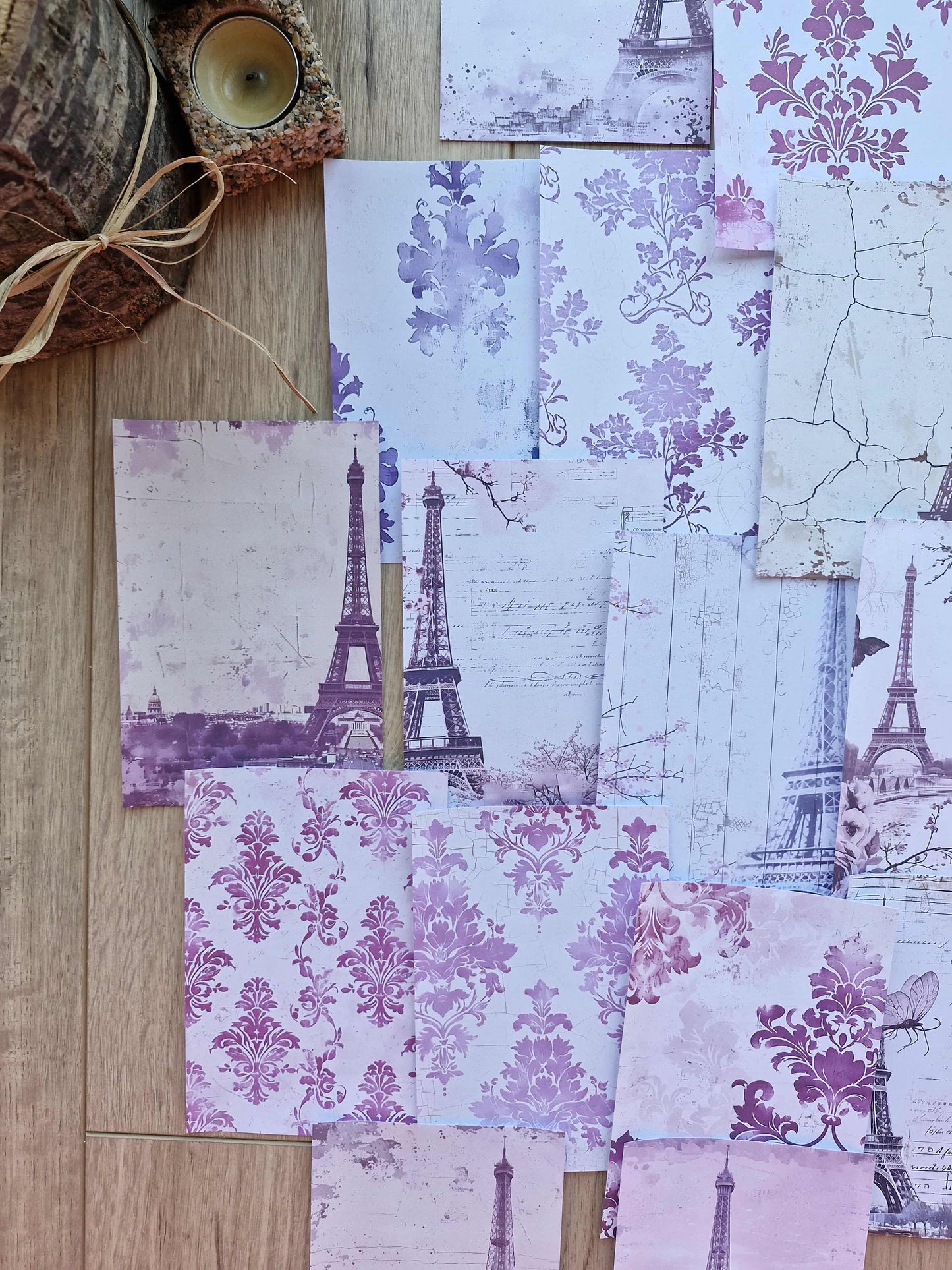 15 Adet Mor Eyfel Kulesi Temalı Scrapbook Kağıt Seti Bullet Journal Dekupaj Kağıdı