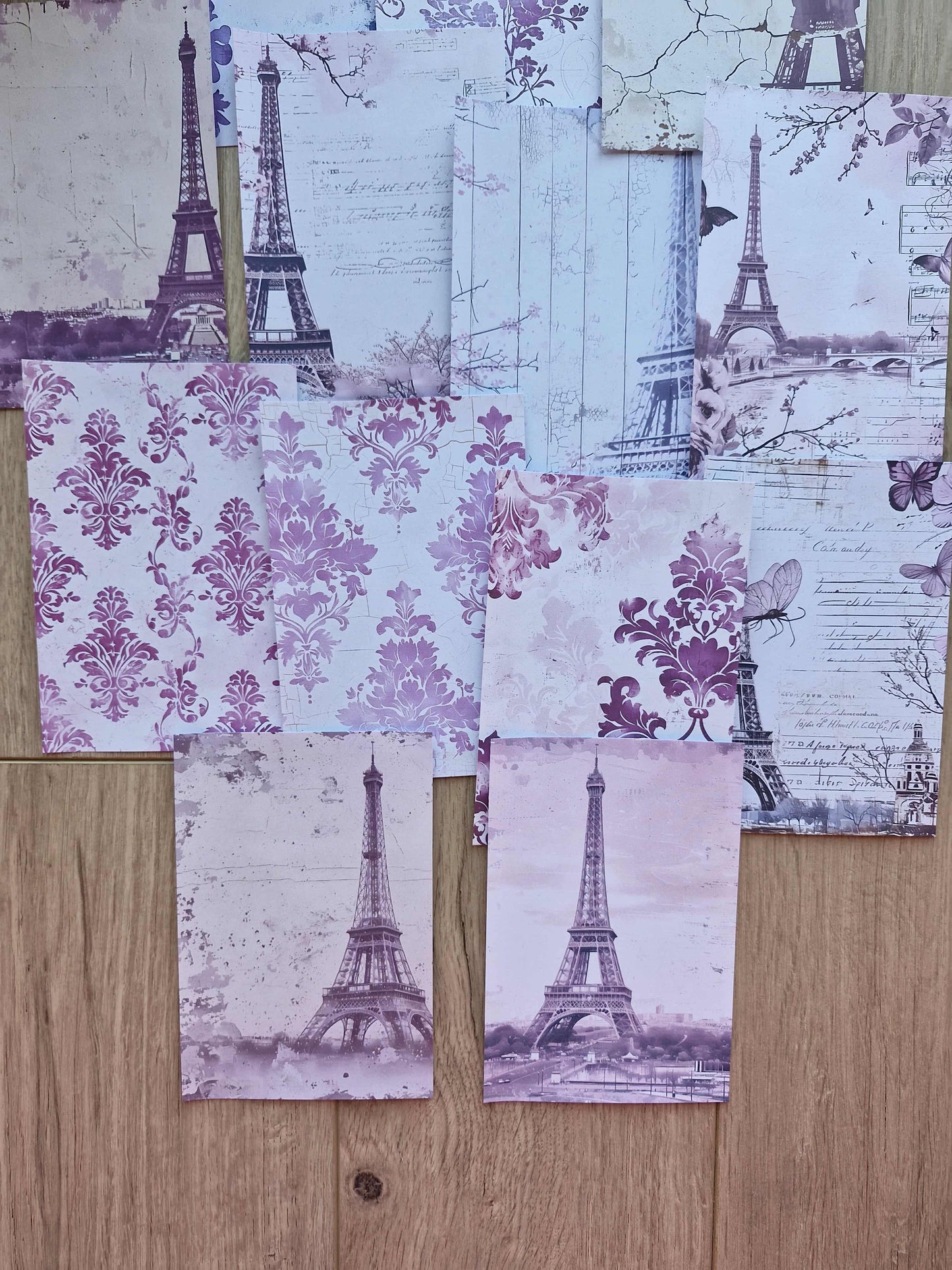 15 Adet Mor Eyfel Kulesi Temalı Scrapbook Kağıt Seti Bullet Journal Dekupaj Kağıdı