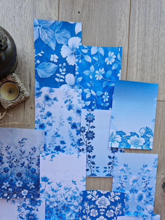15 Adet Eskitme Vintage Mavi Çiçek Temalı Scrapbook Kağıt Seti Bullet Journal Dekupaj Kağıdı