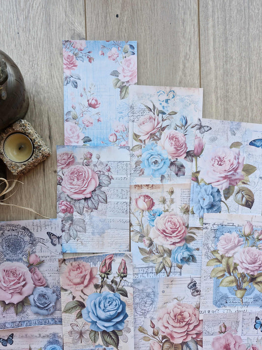 15 Adet Eskitme Vintage Pembe Gül Temalı Scrapbook Kağıt Seti Bullet Journal Dekupaj Kağıdı Mavi