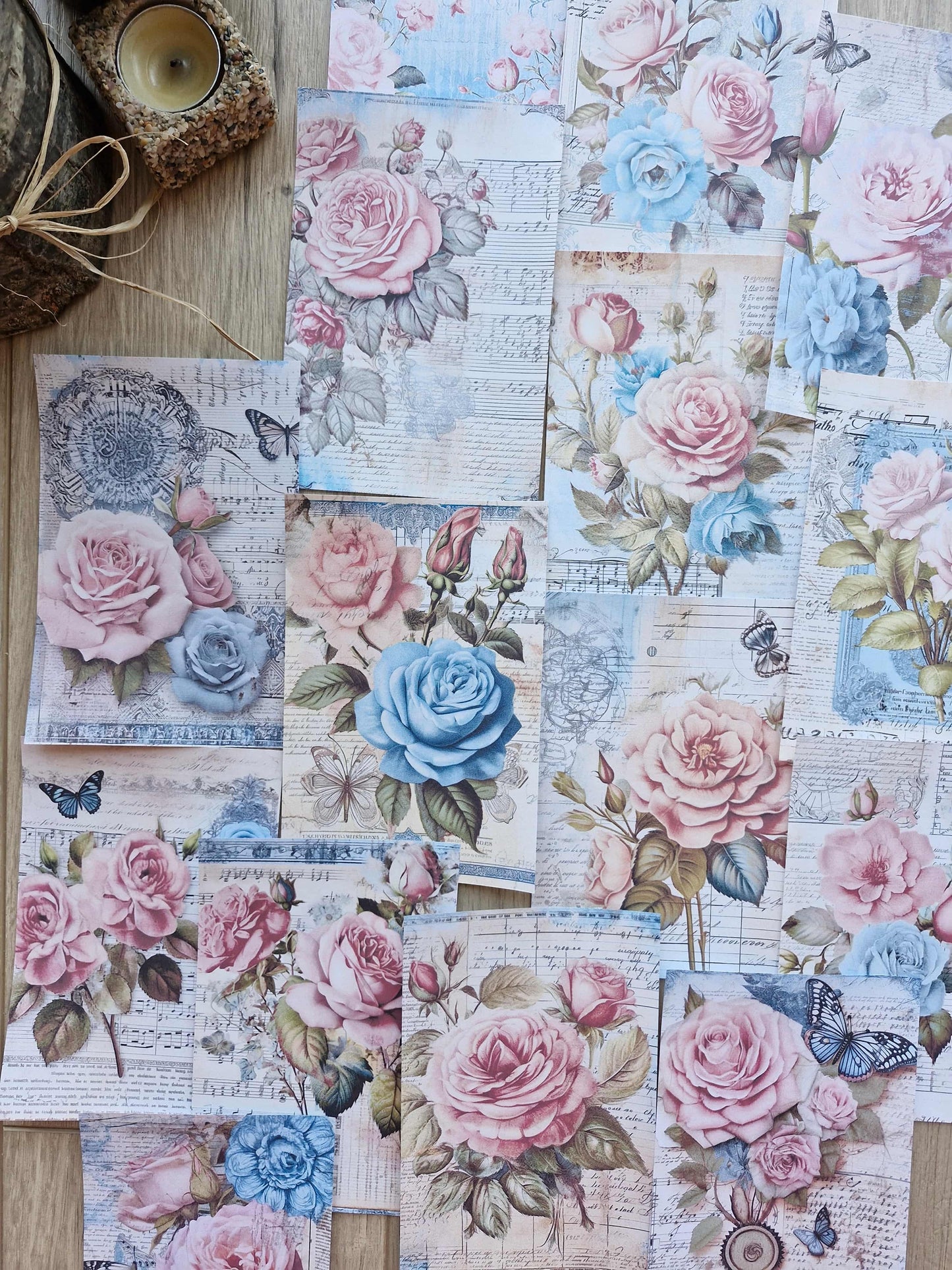 15 Adet Eskitme Vintage Pembe Gül Temalı Scrapbook Kağıt Seti Bullet Journal Dekupaj Kağıdı Mavi