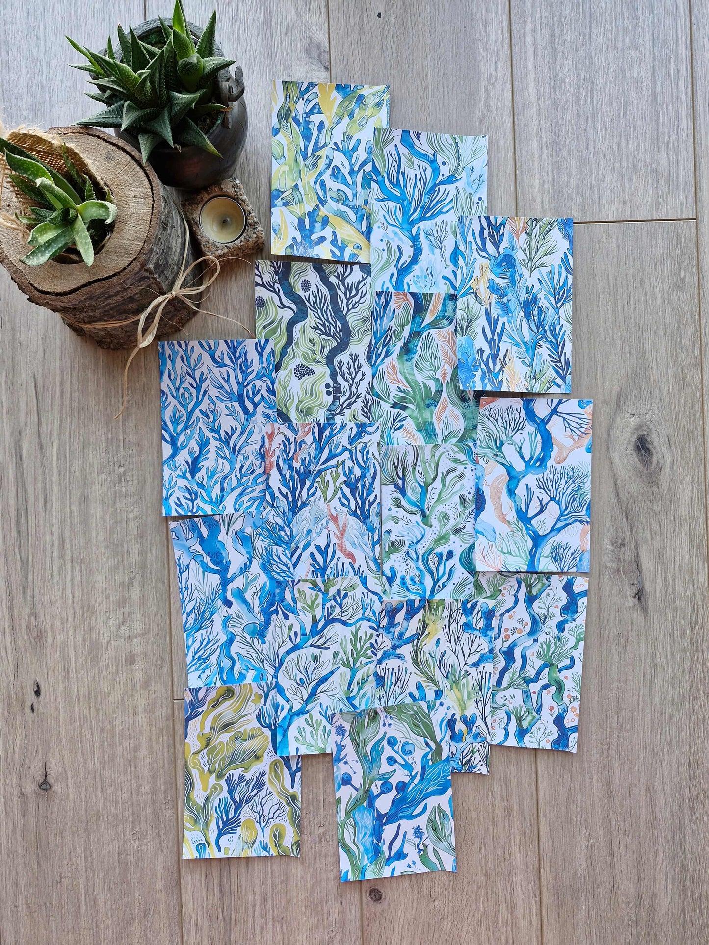 15 Adet Abstract Yosun Temalı Scrapbook Kağıt Seti Bullet Journal Dekupaj Kağıdı Mavi Yeşil