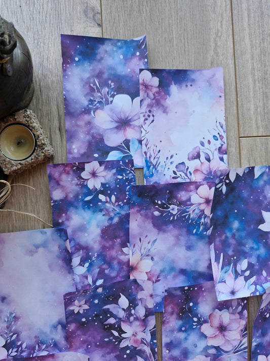 12 Adet Eskitme Vintage Mor Çiçek Temalı Scrapbook Kağıt Seti Bullet Journal Dekupaj Kağıdı