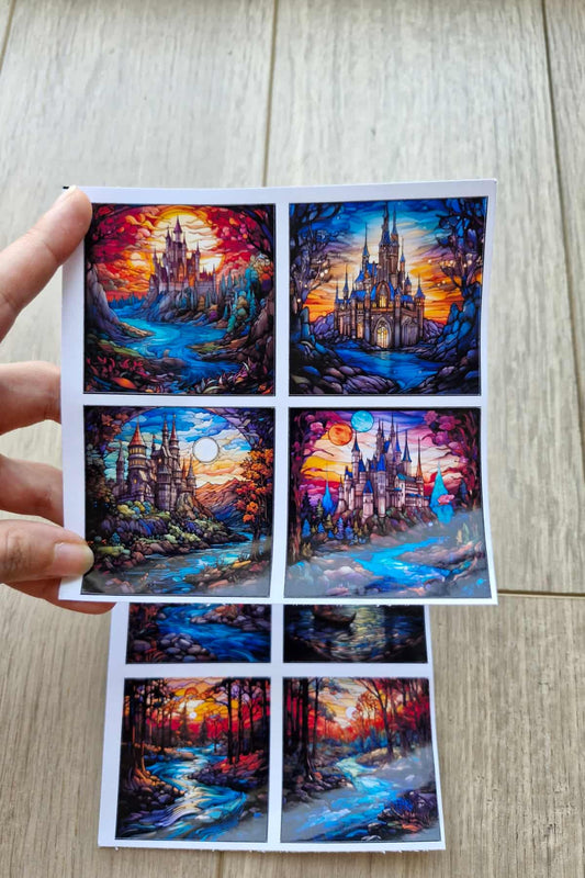 8 Adet Vitray Kale Orman Sticker Seti Bullet Journal Laptop Termos Renkli Cam Kare Sticker