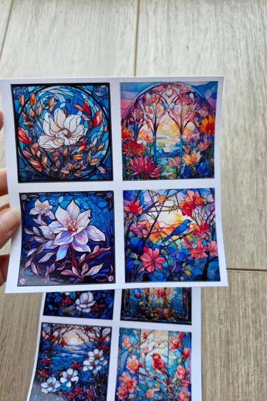 8 Adet Vitray Beyaz Çiçek Sticker Seti Bullet Journal Laptop Termos Renkli Cam Kare Sticker