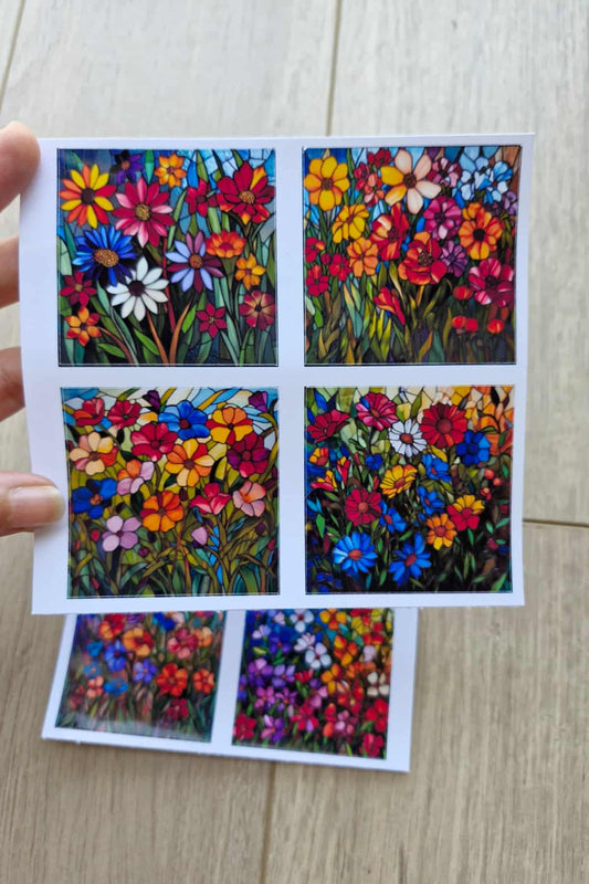 8 Adet Vitray Çiçek Sticker Seti Bullet Journal Laptop Termos Renkli Cam Kare Sticker