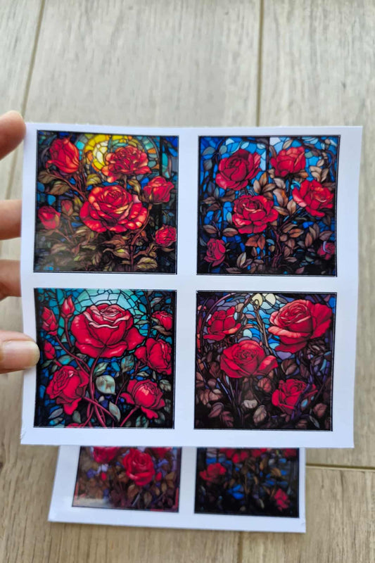 8 Adet Vitray Kırmızı Gül Sticker Seti Bullet Journal Laptop Termos Renkli Cam Kare Sticker