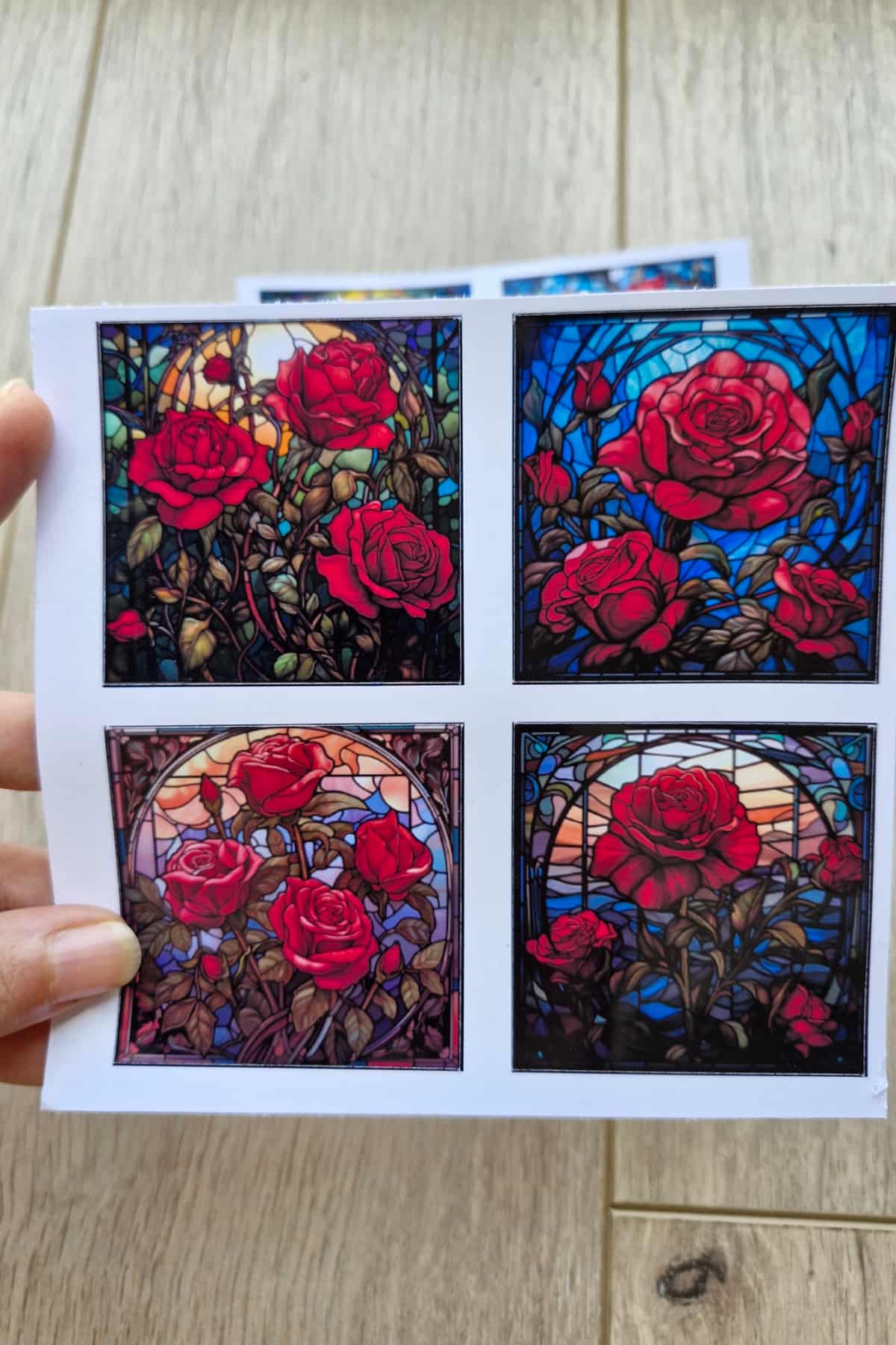 8 Adet Vitray Kırmızı Gül Sticker Seti Bullet Journal Laptop Termos Renkli Cam Kare Sticker