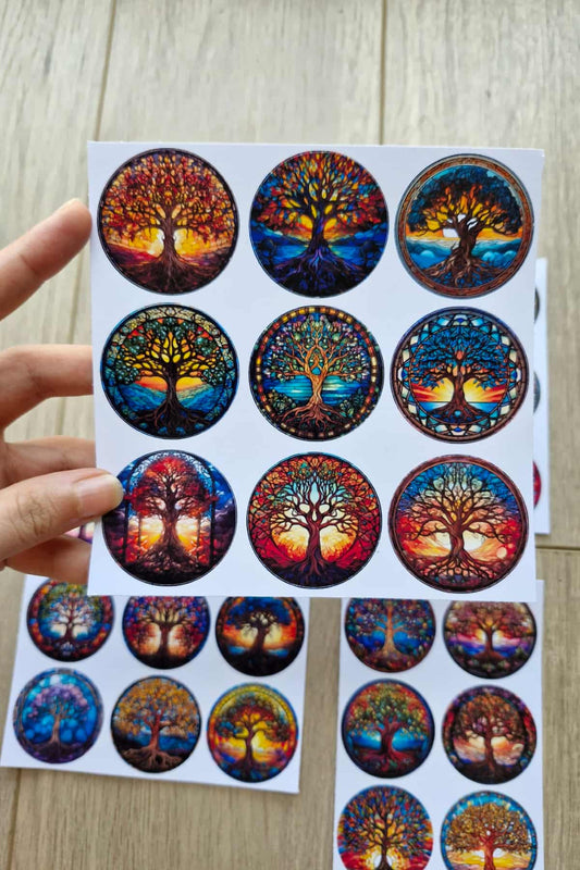 30 Adet Vitray Hayat Ağacı Sticker Seti Bullet Journal Laptop Termos Scrapbook Renkli Cam Yuvarlak