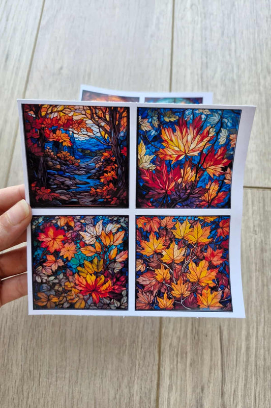 8 Adet Vitray Gemi Sonbahar Sticker Seti Bullet Journal Laptop Termos Renkli Cam Kare Sticker