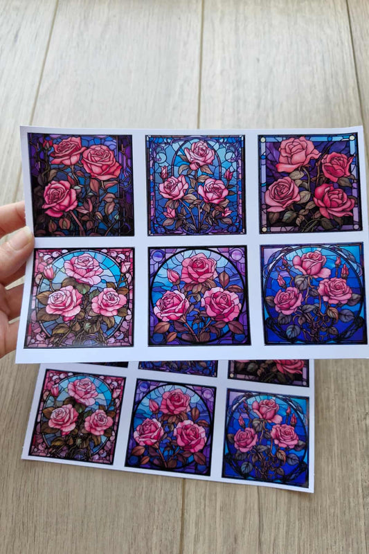 12 Adet Vitray Gül Sticker Seti Bullet Journal Laptop Termos Renkli Cam Kare Sticker