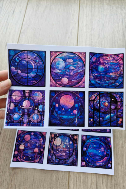 12 Adet Vitray Mor Galaksi Sticker Seti Bullet Journal Laptop Termos Renkli Cam Kare Sticker