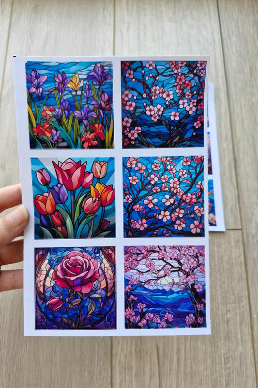 12 Adet Vitray Çiçek Sticker Seti Bullet Journal Laptop Termos Renkli Cam Kare Sticker