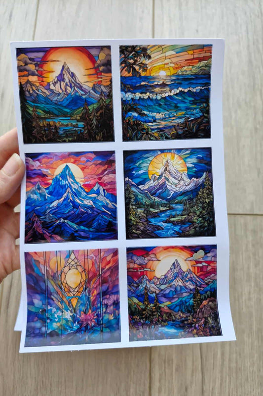 12 Adet Vitray Manzara Sticker Seti Bullet Journal Laptop Termos Scrapbook Renkli Cam Kare Sticker