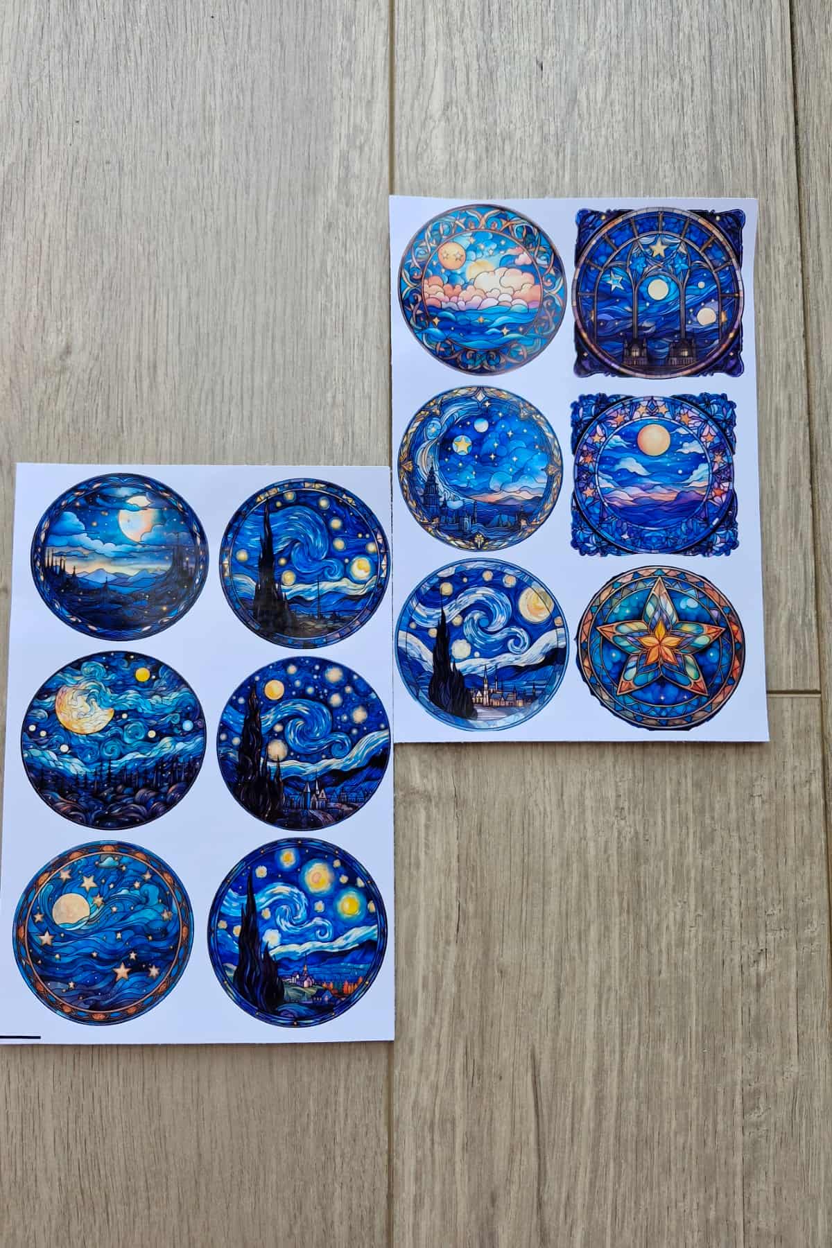 12 Adet Vitray Van Gogh Sticker Seti Bullet Journal Laptop Termos Scrapbook Renkli Cam Yuvarlak