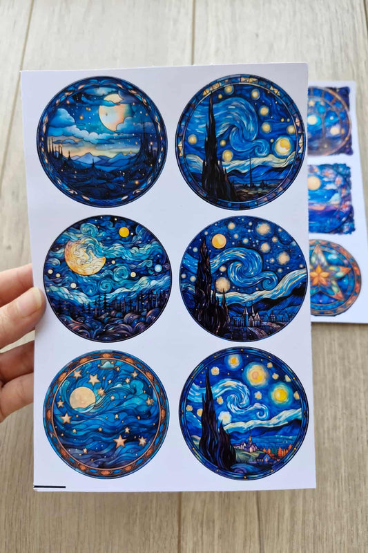 12 Adet Vitray Van Gogh Sticker Seti Bullet Journal Laptop Termos Scrapbook Renkli Cam Yuvarlak