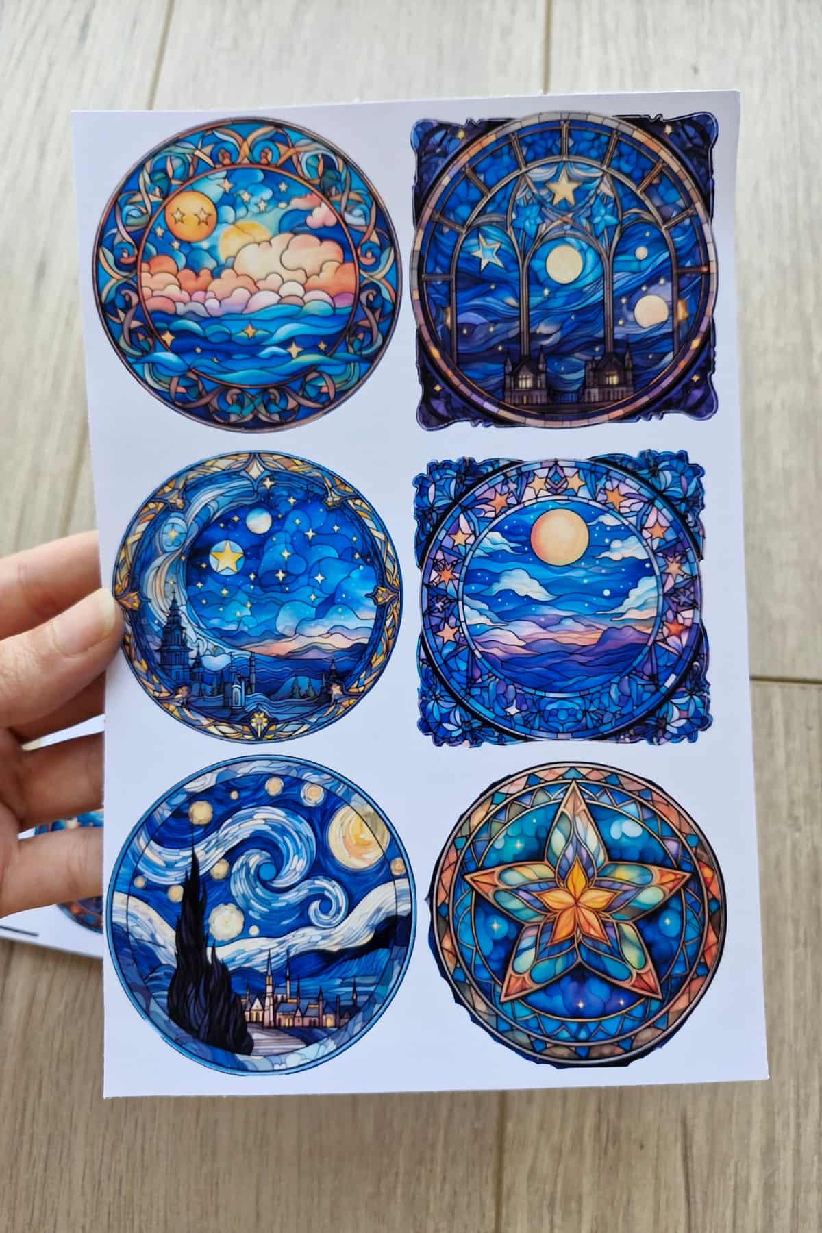 12 Adet Vitray Van Gogh Sticker Seti Bullet Journal Laptop Termos Scrapbook Renkli Cam Yuvarlak