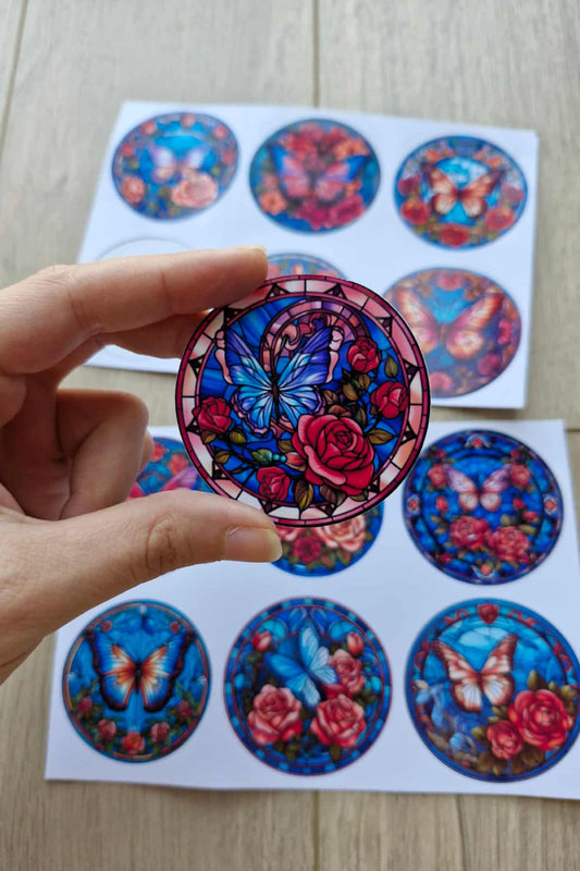 12 Adet Vitray Kelebek Sticker Seti Bullet Journal Laptop Termos Scrapbook Renkli Cam Yuvarlak