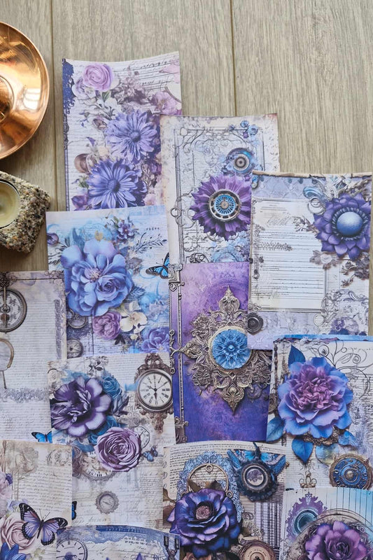 15 Adet Eskitme Vintage Mor Çiçek Temalı Scrapbook Kağıt Seti Bullet Journal Dekupaj Kağıdı Saat