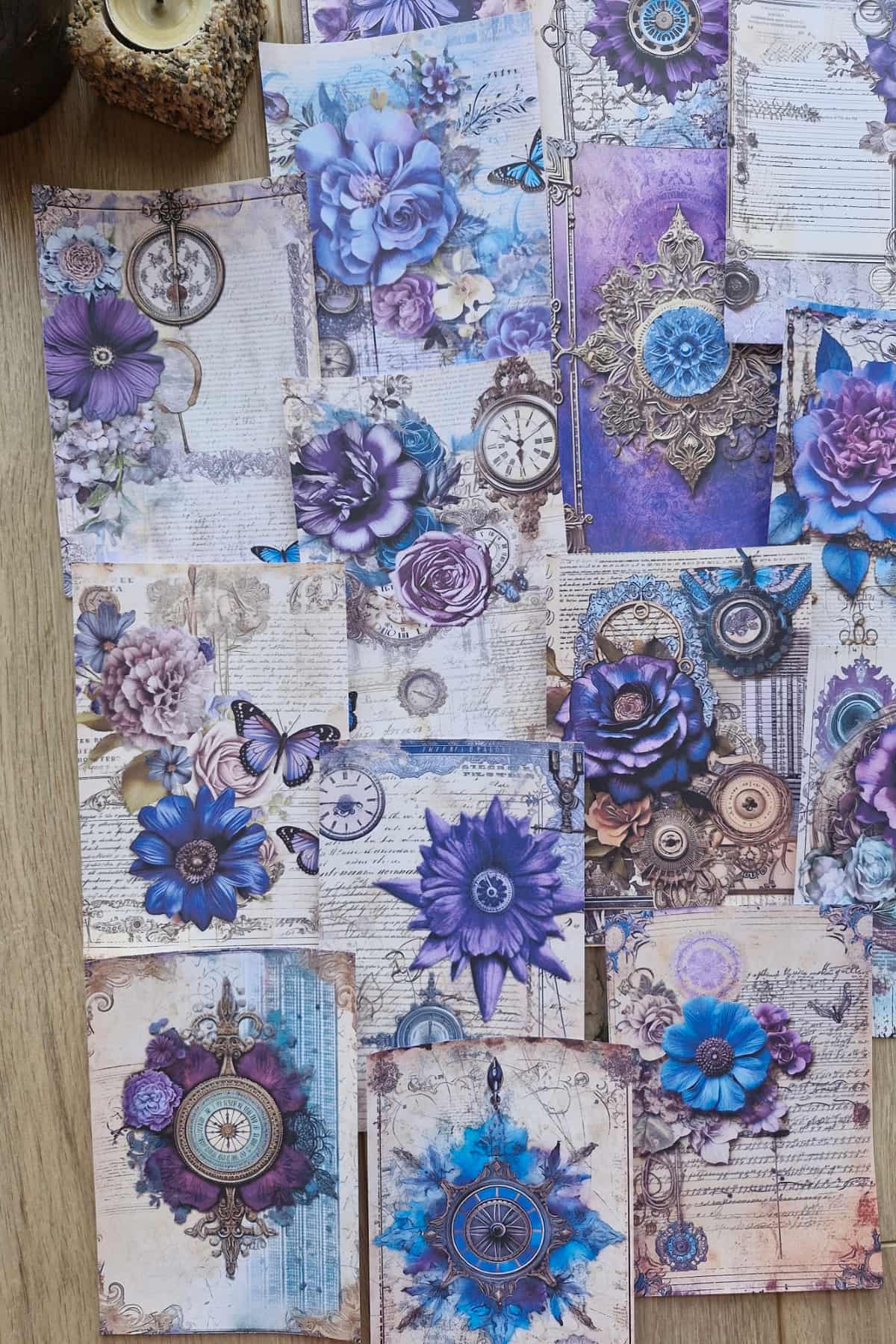 15 Adet Eskitme Vintage Mor Çiçek Temalı Scrapbook Kağıt Seti Bullet Journal Dekupaj Kağıdı Saat