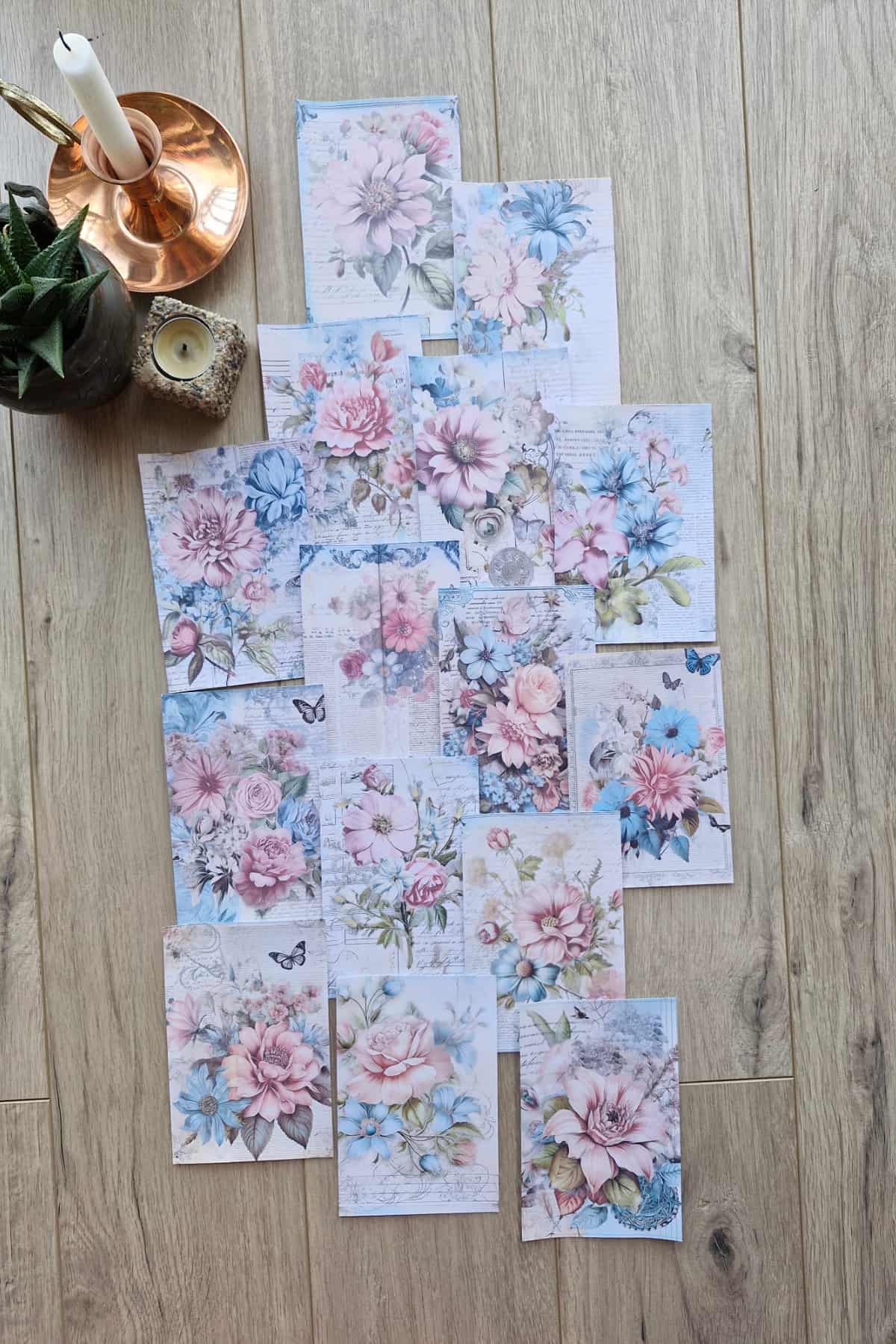 15 Adet Eskitme Vintage Pembe Mavi Temalı Scrapbook Kağıt Seti Bullet Journal Dekupaj Kağıdı