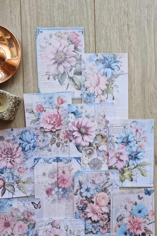 15 Adet Eskitme Vintage Pembe Mavi Temalı Scrapbook Kağıt Seti Bullet Journal Dekupaj Kağıdı