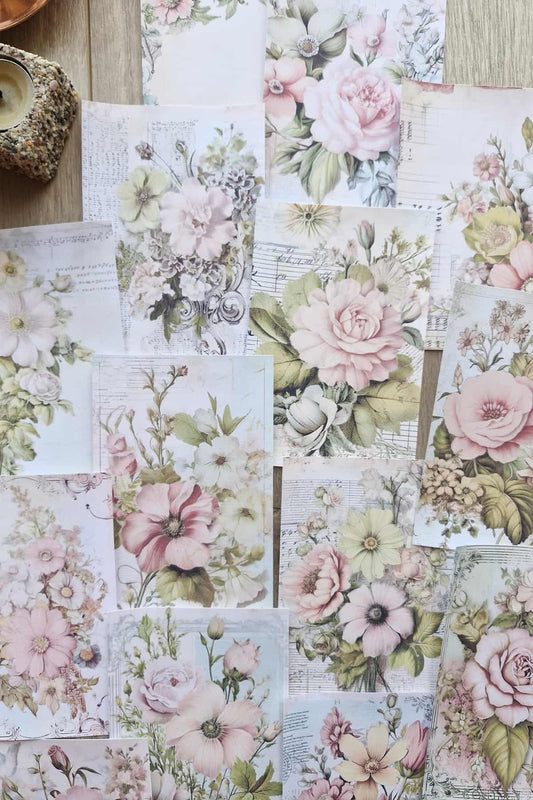 15 Adet Eskitme Vintage Pembe Gül Temalı Scrapbook Kağıt Seti Bullet Journal Dekupaj Kağıdı