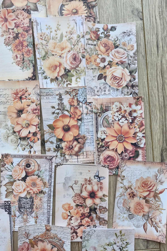 15 Adet Eskitme Vintage Turuncu Gül Temalı Scrapbook Kağıt Seti Bullet Journal Dekupaj Kağıdı
