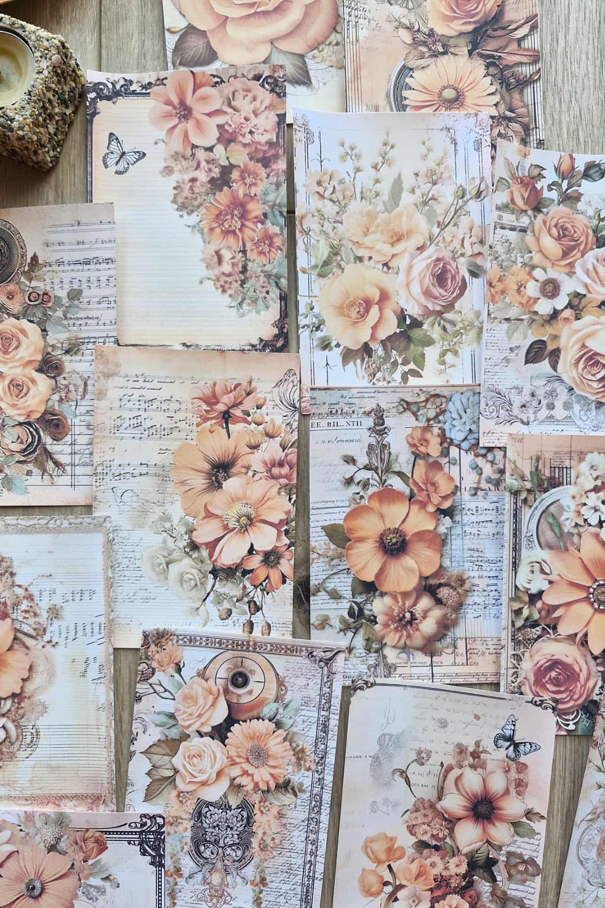 15 Adet Eskitme Vintage Turuncu Gül Temalı Scrapbook Kağıt Seti Bullet Journal Dekupaj Kağıdı