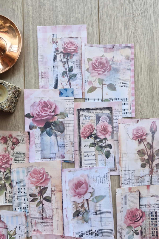 15 Adet Eskitme Vintage Pembe Gül Temalı Scrapbook Kağıt Seti Bullet Journal Dekupaj Kağıdı