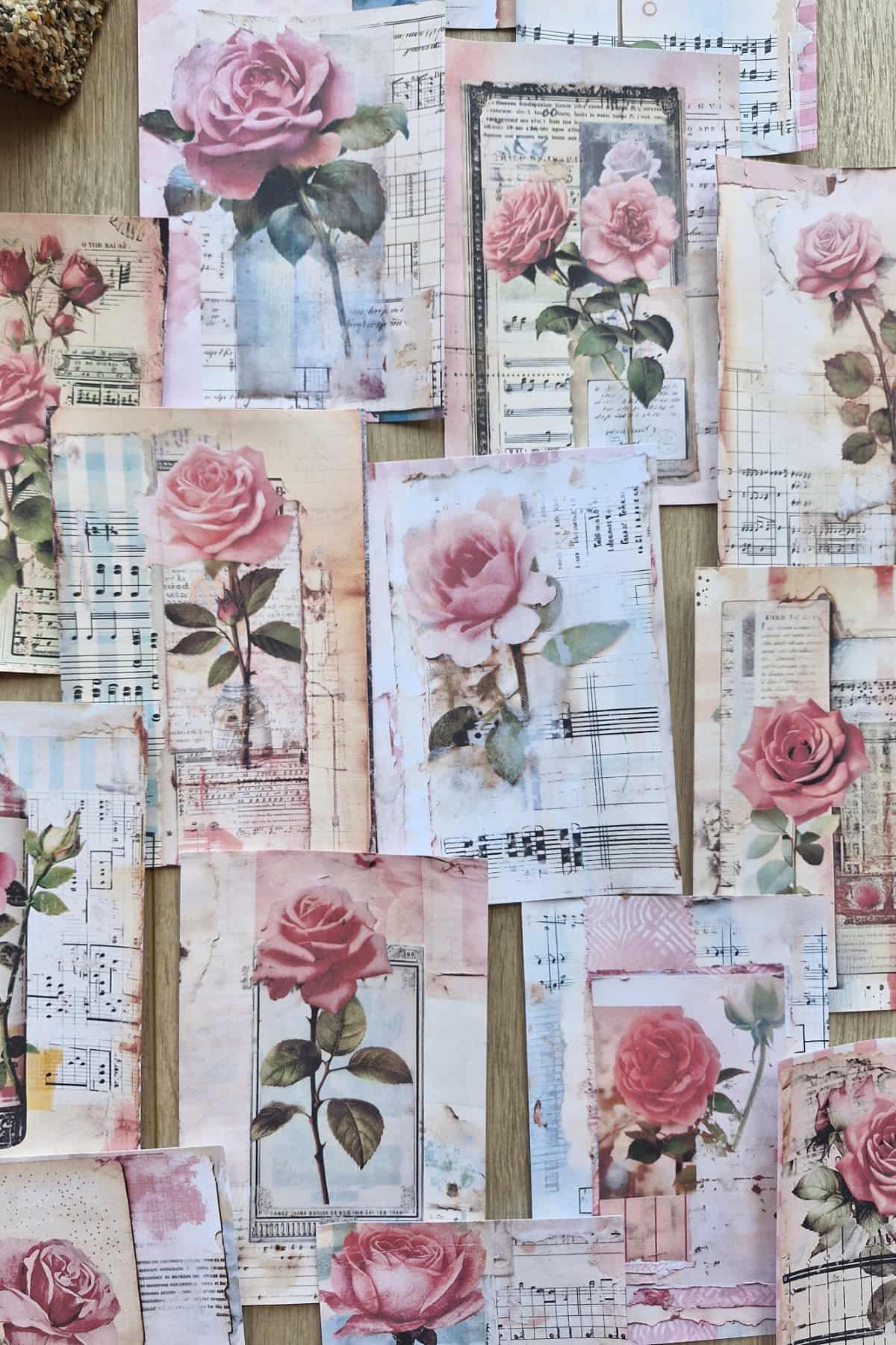 15 Adet Eskitme Vintage Pembe Gül Temalı Scrapbook Kağıt Seti Bullet Journal Dekupaj Kağıdı