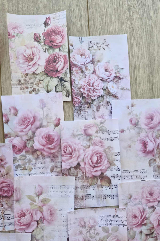12 Adet Eskitme Vintage Pembe Gül Temalı Scrapbook Kağıt Seti Bullet Journal Dekupaj Kağıdı Nota
