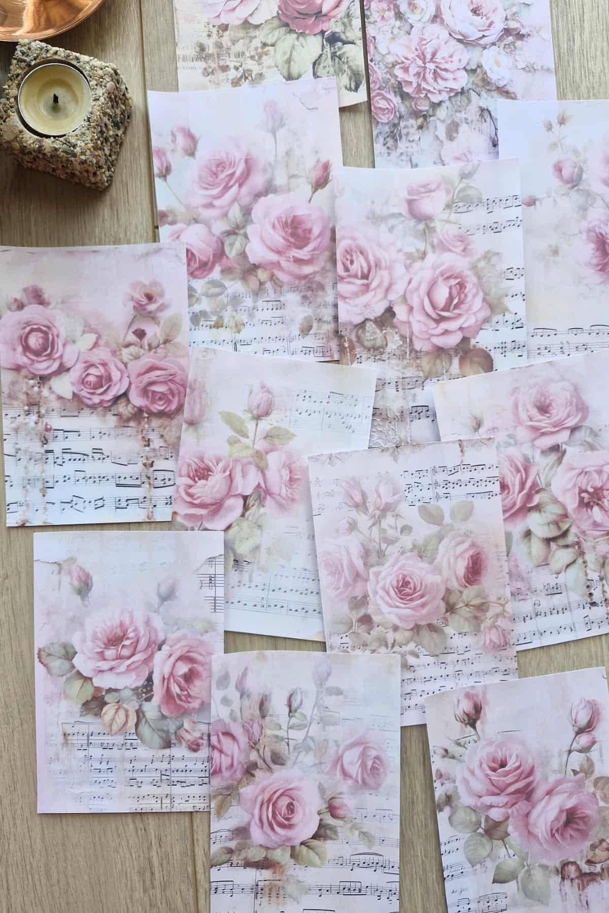 12 Adet Eskitme Vintage Pembe Gül Temalı Scrapbook Kağıt Seti Bullet Journal Dekupaj Kağıdı Nota