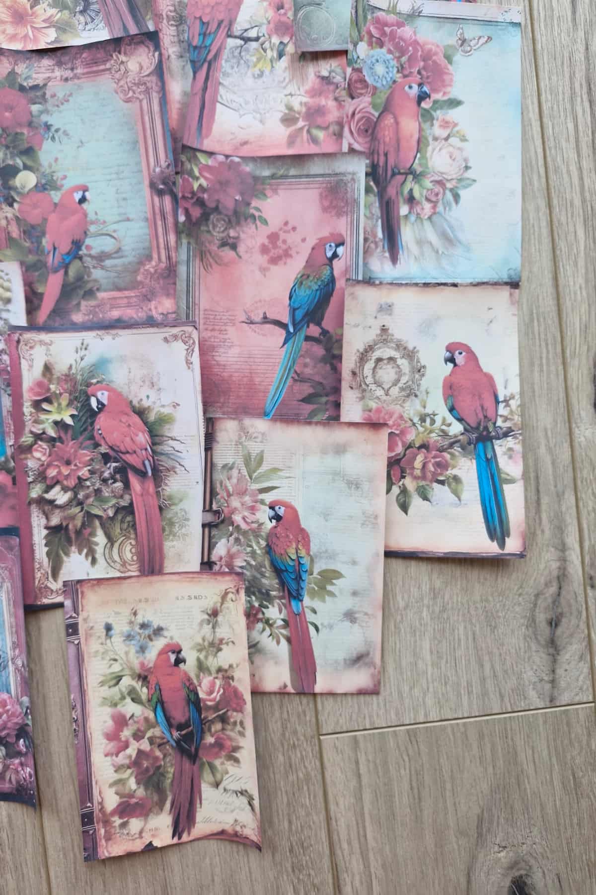 15 Adet Eskitme Vintage Papağan Temalı Scrapbook Kağıt Seti Bullet Journal Dekupaj Kağıdı