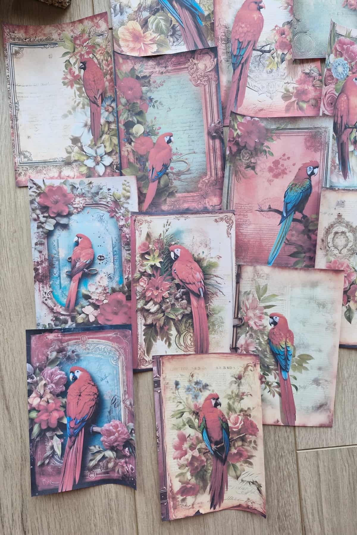 15 Adet Eskitme Vintage Papağan Temalı Scrapbook Kağıt Seti Bullet Journal Dekupaj Kağıdı