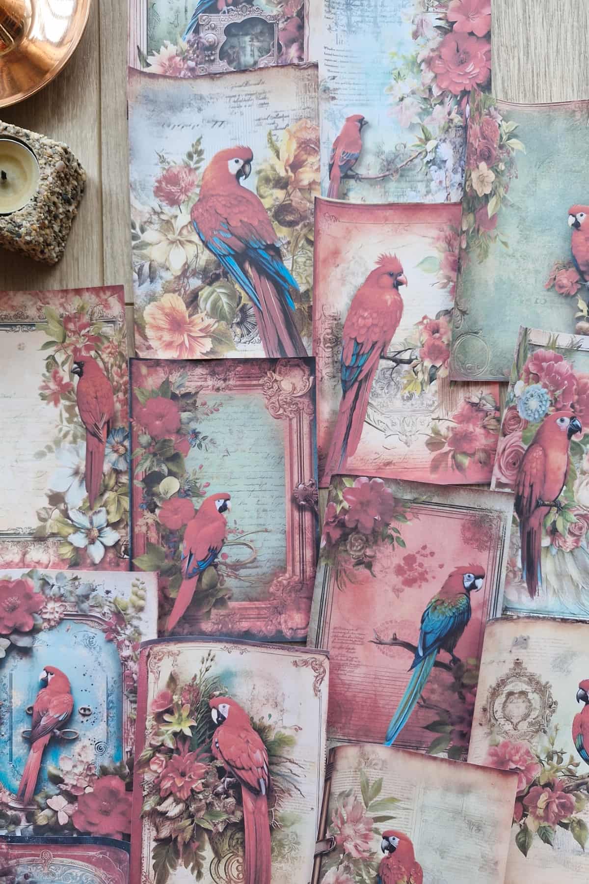 15 Adet Eskitme Vintage Papağan Temalı Scrapbook Kağıt Seti Bullet Journal Dekupaj Kağıdı