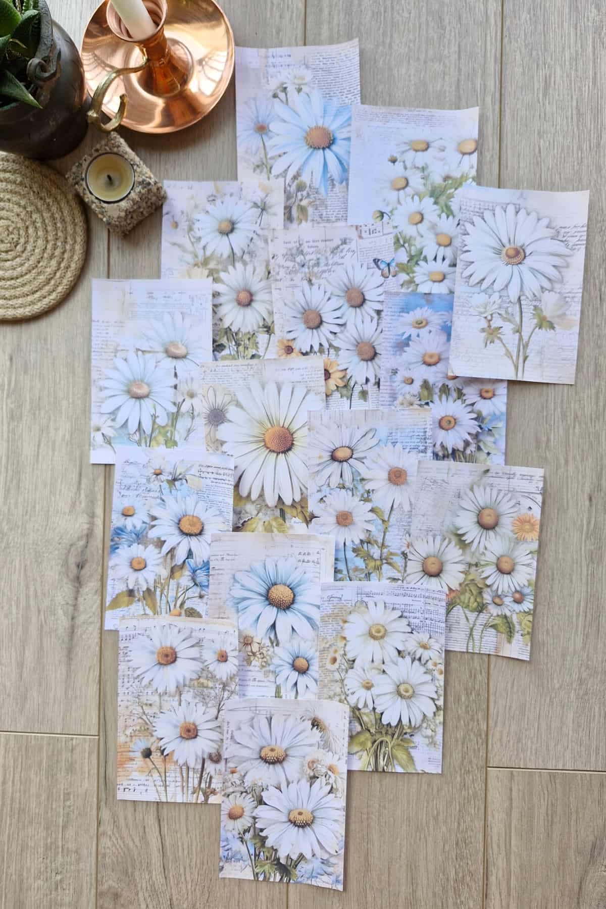 15 Adet Eskitme Vintage Papatya Temalı Scrapbook Kağıt Seti Bullet Journal Dekupaj Kağıdı