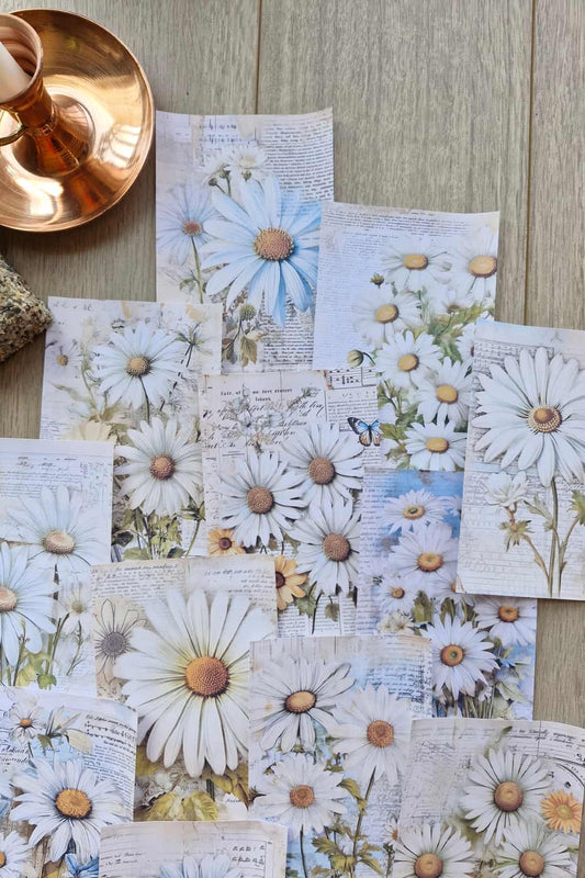 15 Adet Eskitme Vintage Papatya Temalı Scrapbook Kağıt Seti Bullet Journal Dekupaj Kağıdı