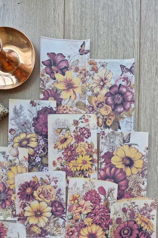 15 Adet Eskitme Vintage Çiçek Temalı Scrapbook Kağıt Seti Bullet Journal Dekupaj Kağıdı Bordo Sarı