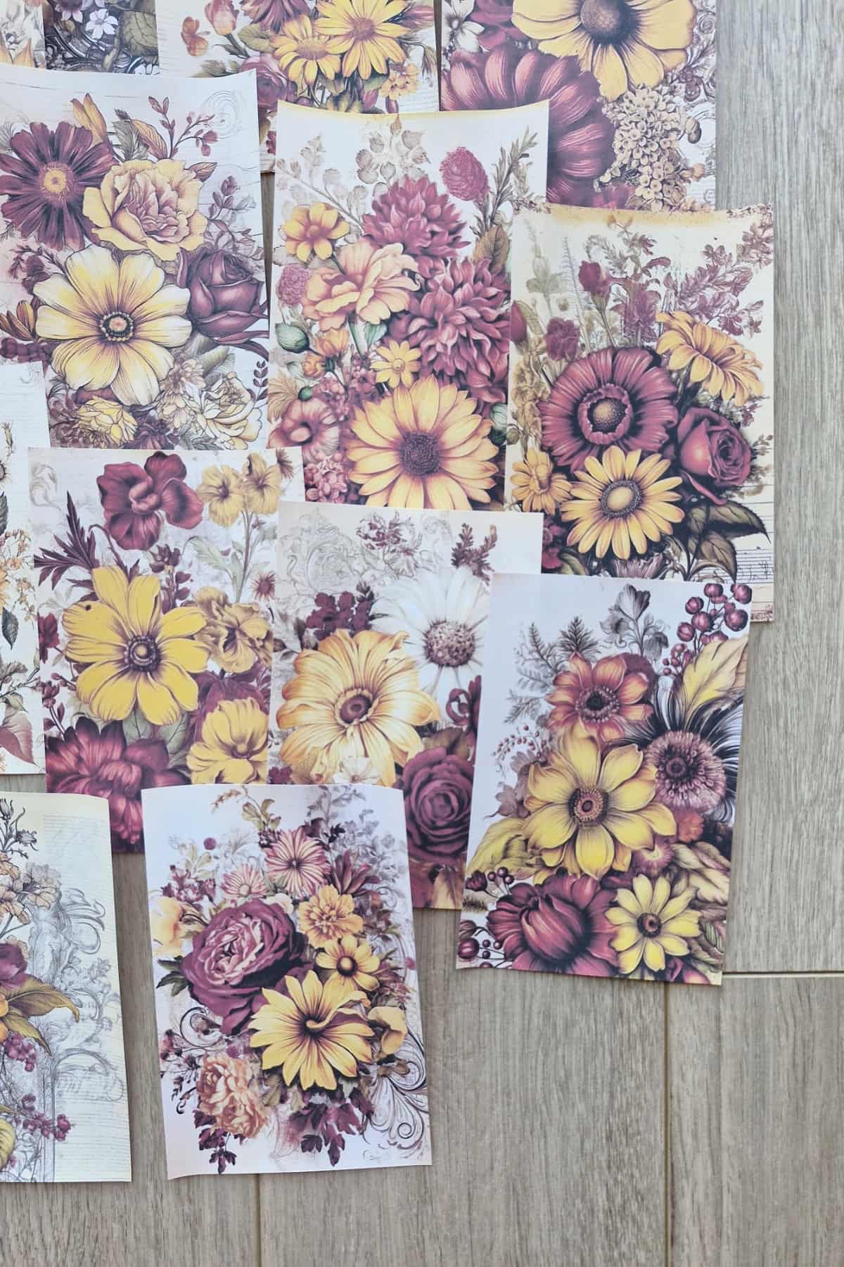 15 Adet Eskitme Vintage Çiçek Temalı Scrapbook Kağıt Seti Bullet Journal Dekupaj Kağıdı Bordo Sarı
