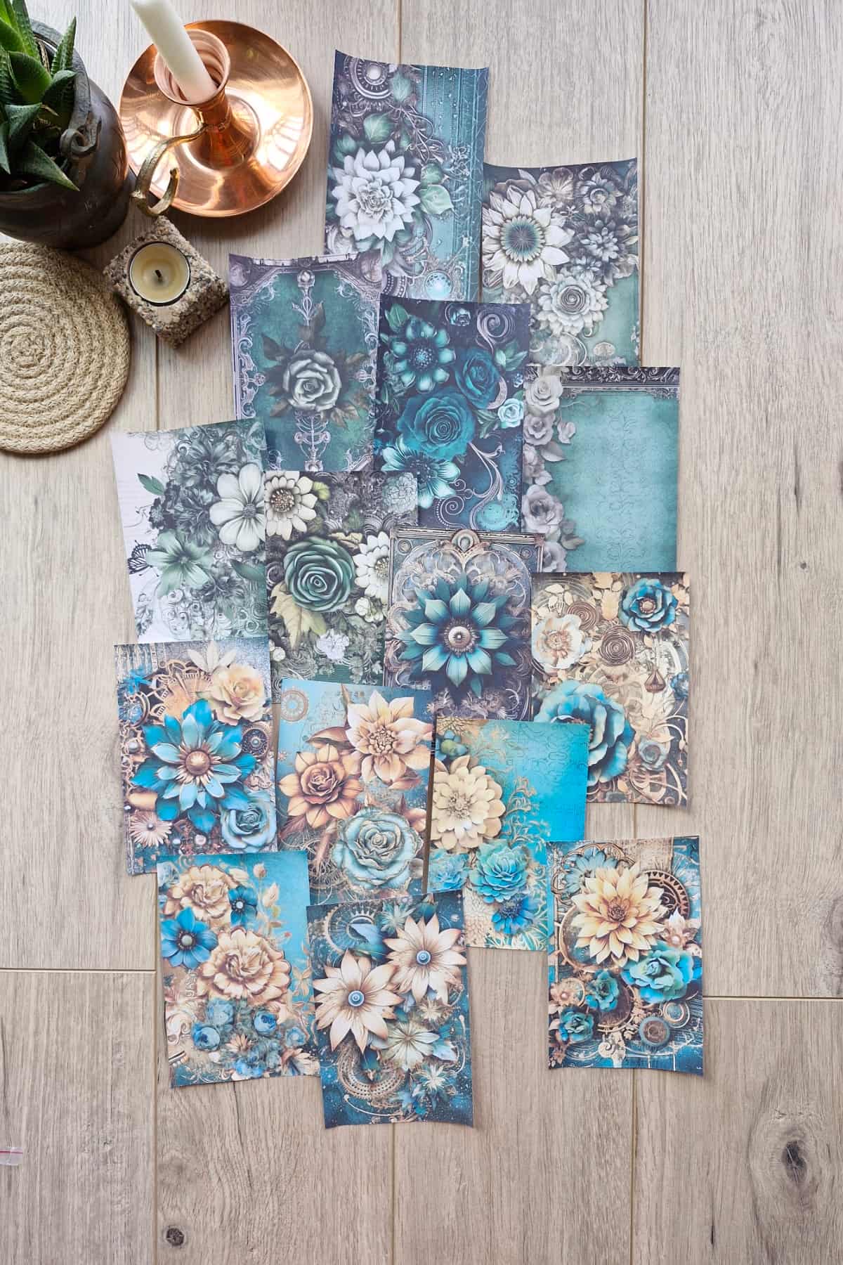 15 Adet Eskitme Vintage Zümrüt Yeşil Temalı Scrapbook Kağıt Seti Bullet Journal Dekupaj Kağıdı Çiçek