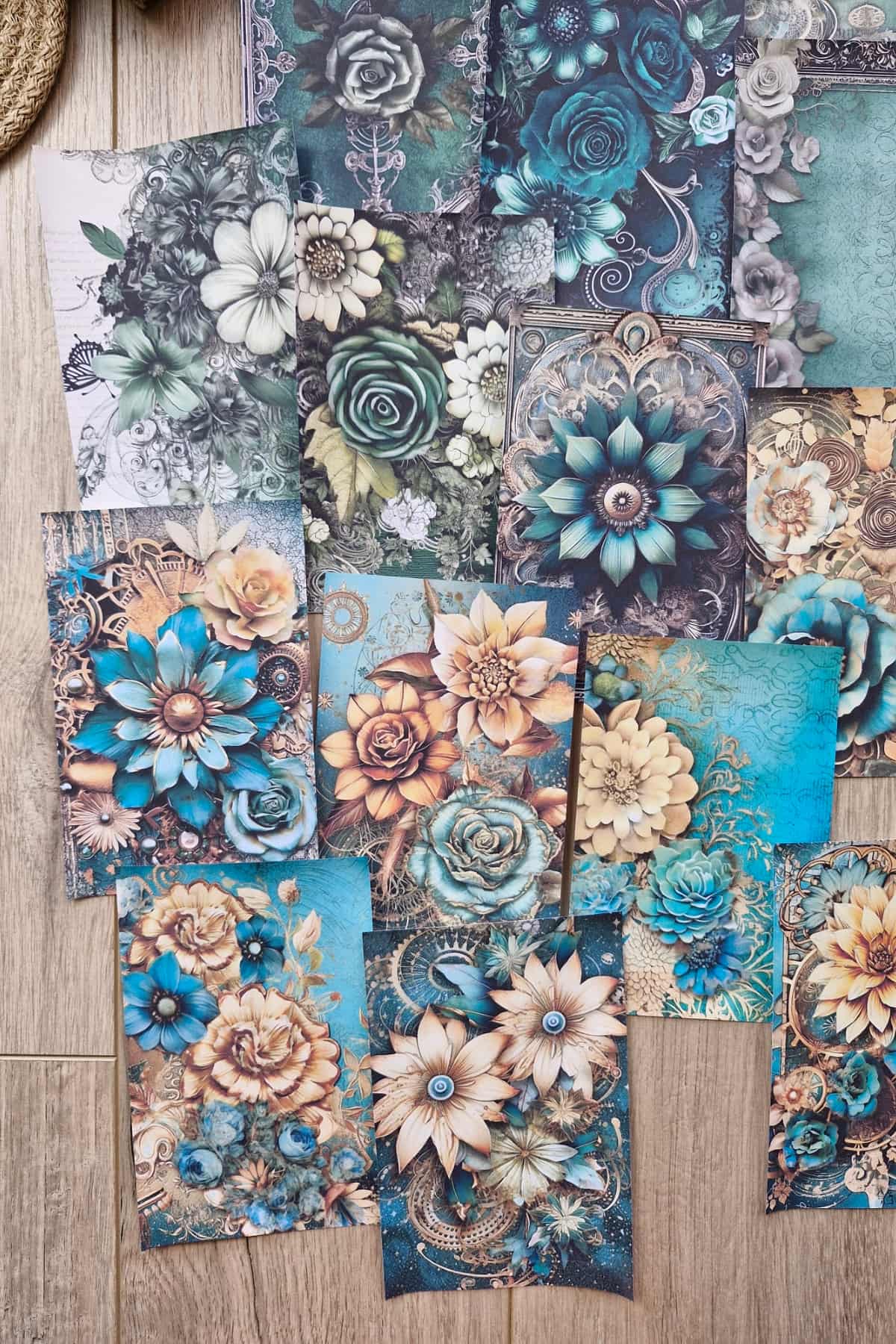 15 Adet Eskitme Vintage Zümrüt Yeşil Temalı Scrapbook Kağıt Seti Bullet Journal Dekupaj Kağıdı Çiçek