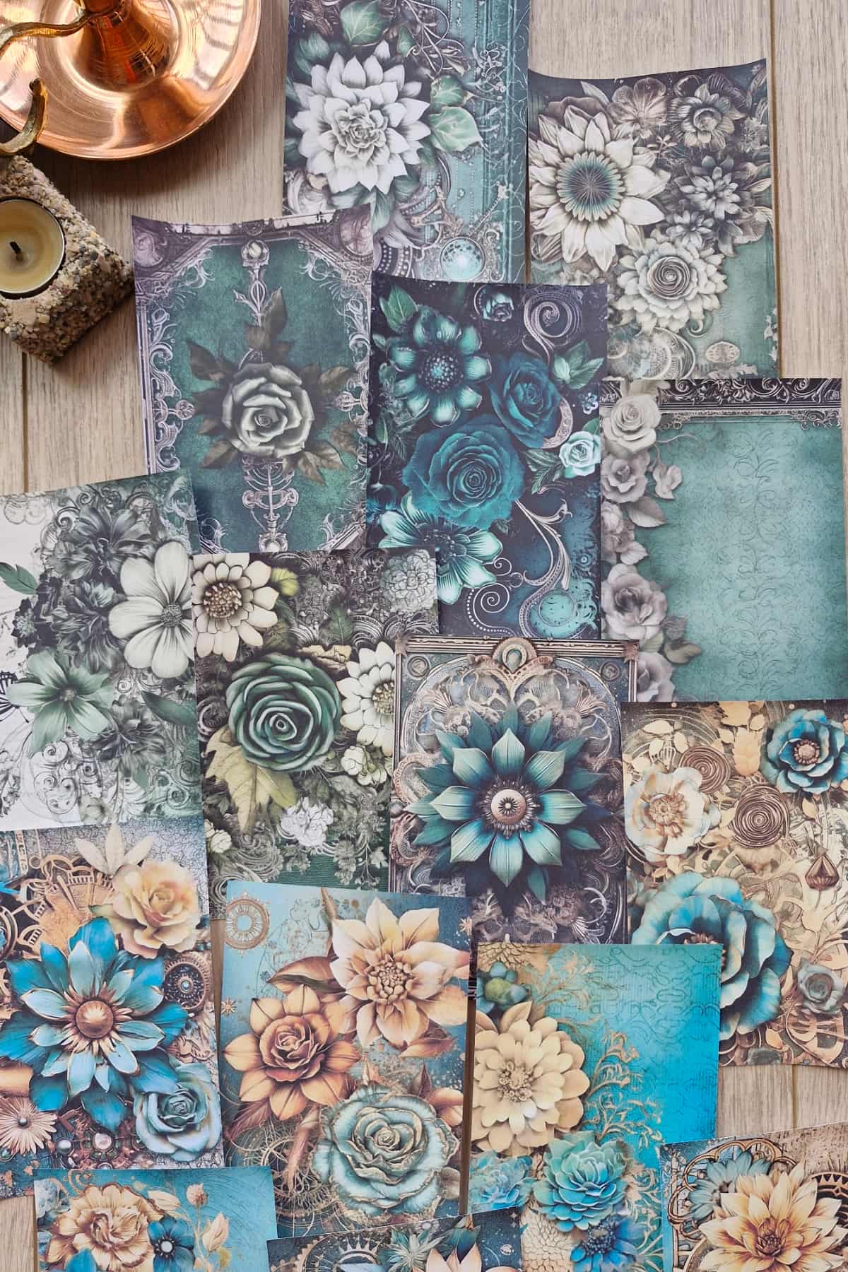 15 Adet Eskitme Vintage Zümrüt Yeşil Temalı Scrapbook Kağıt Seti Bullet Journal Dekupaj Kağıdı Çiçek