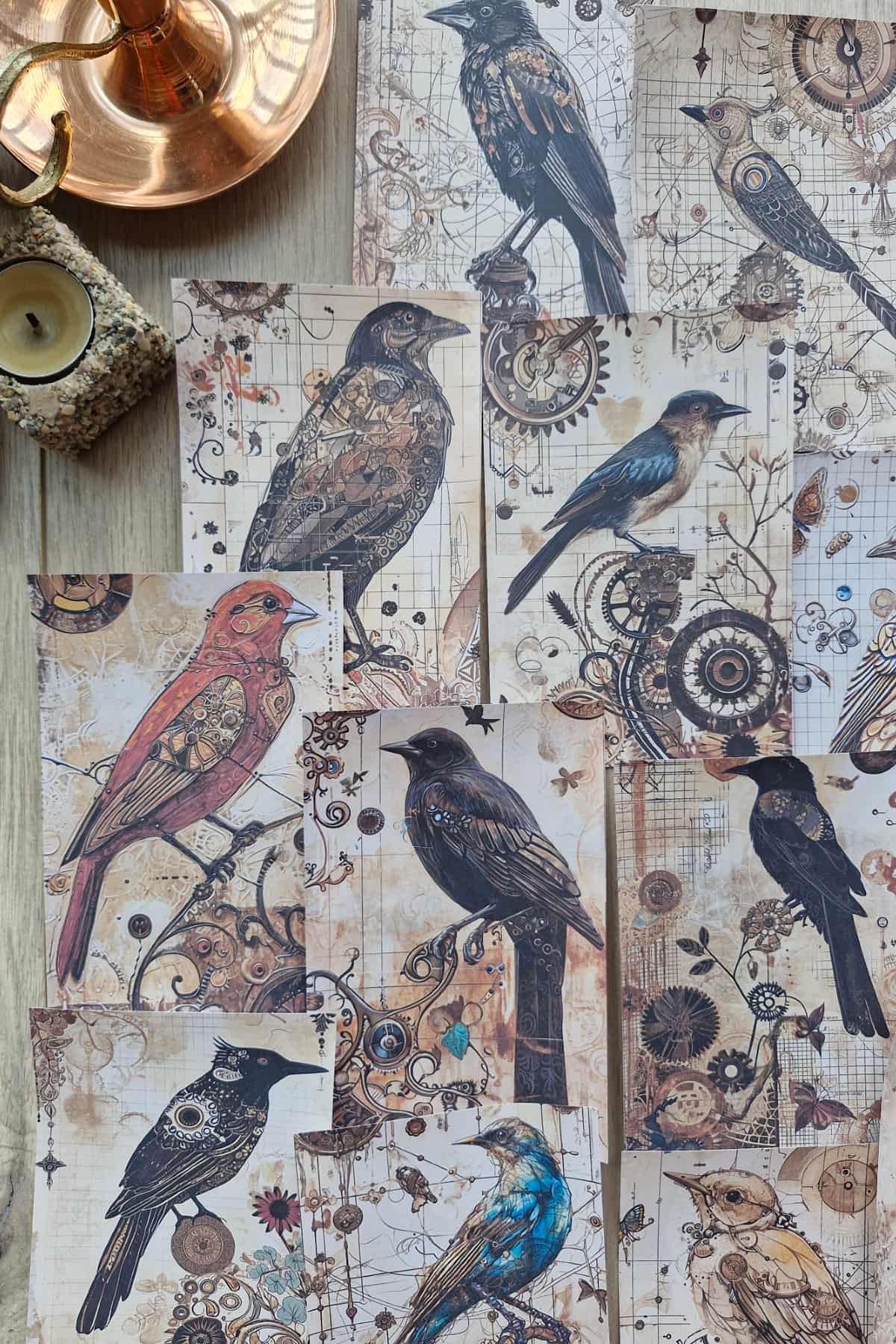 15 Adet Eskitme Vintage Karga Temalı Scrapbook Kağıt Seti Bullet Journal Dekupaj Kağıdı Gothic