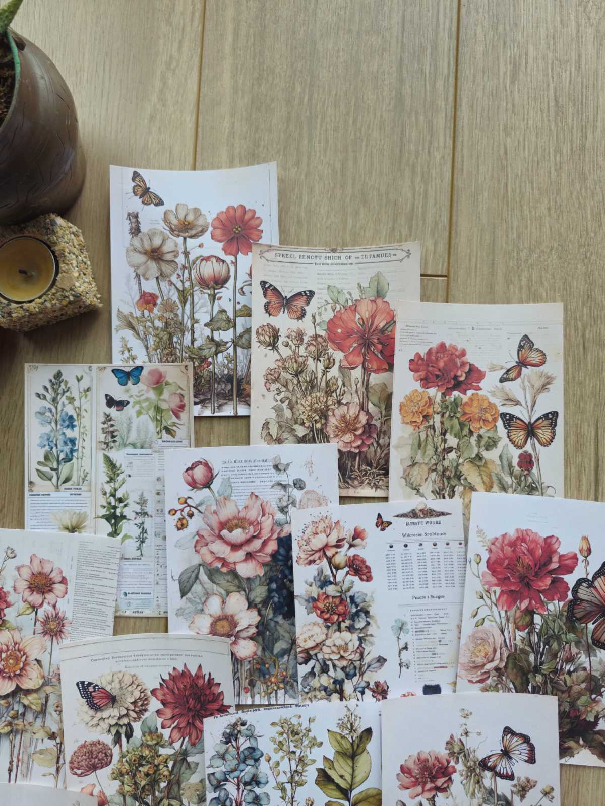 15 Adet Vintage Kelebek Çiçek Scrapbook Kağıt Seti Bullet Journal Dekupaj Kağıdı