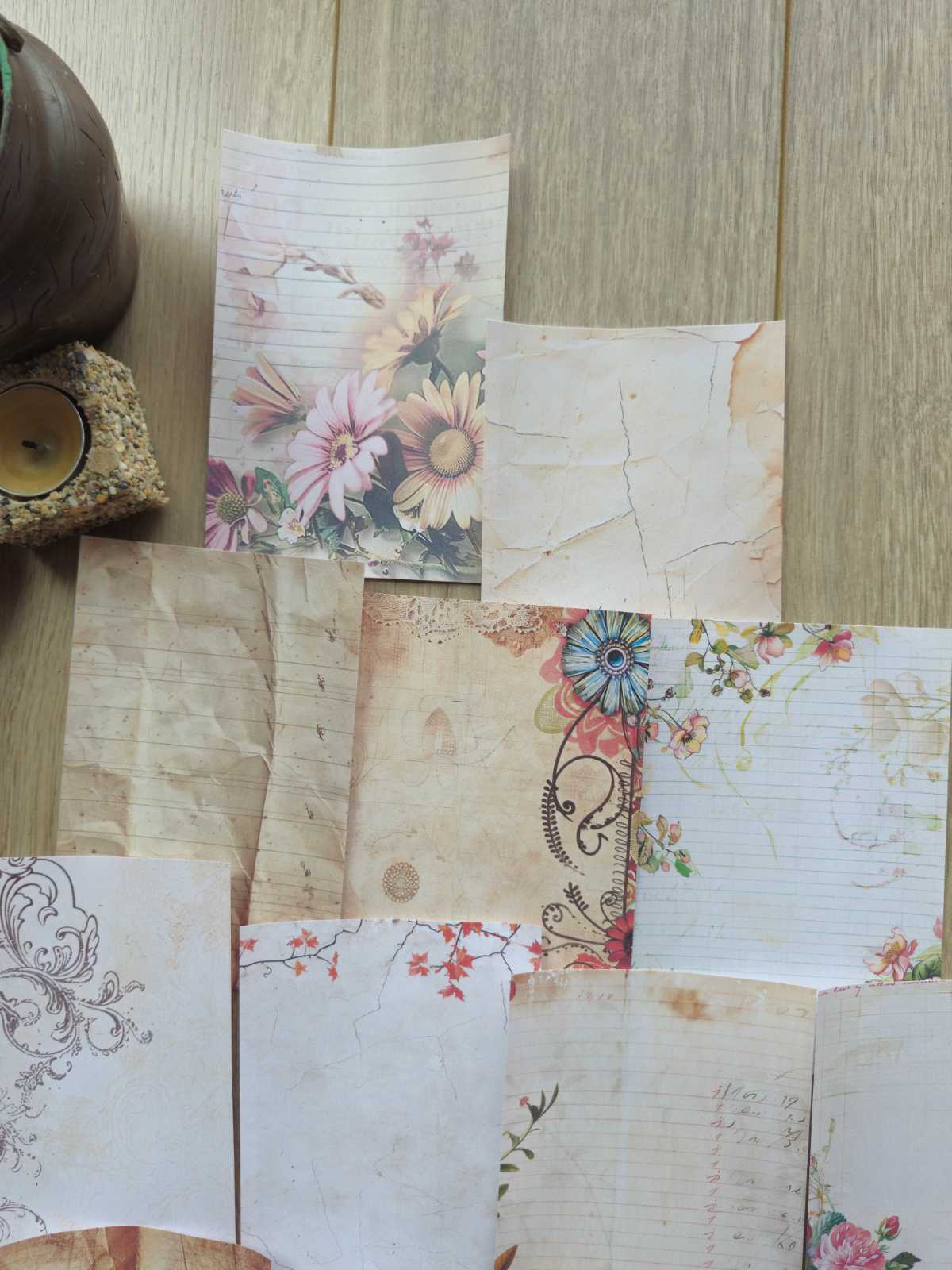 15 Adet Eskitme Vintage Kağıt Çiçek Temalı Scrapbook Kağıt Seti Bullet Journal Dekupaj Kağıdı