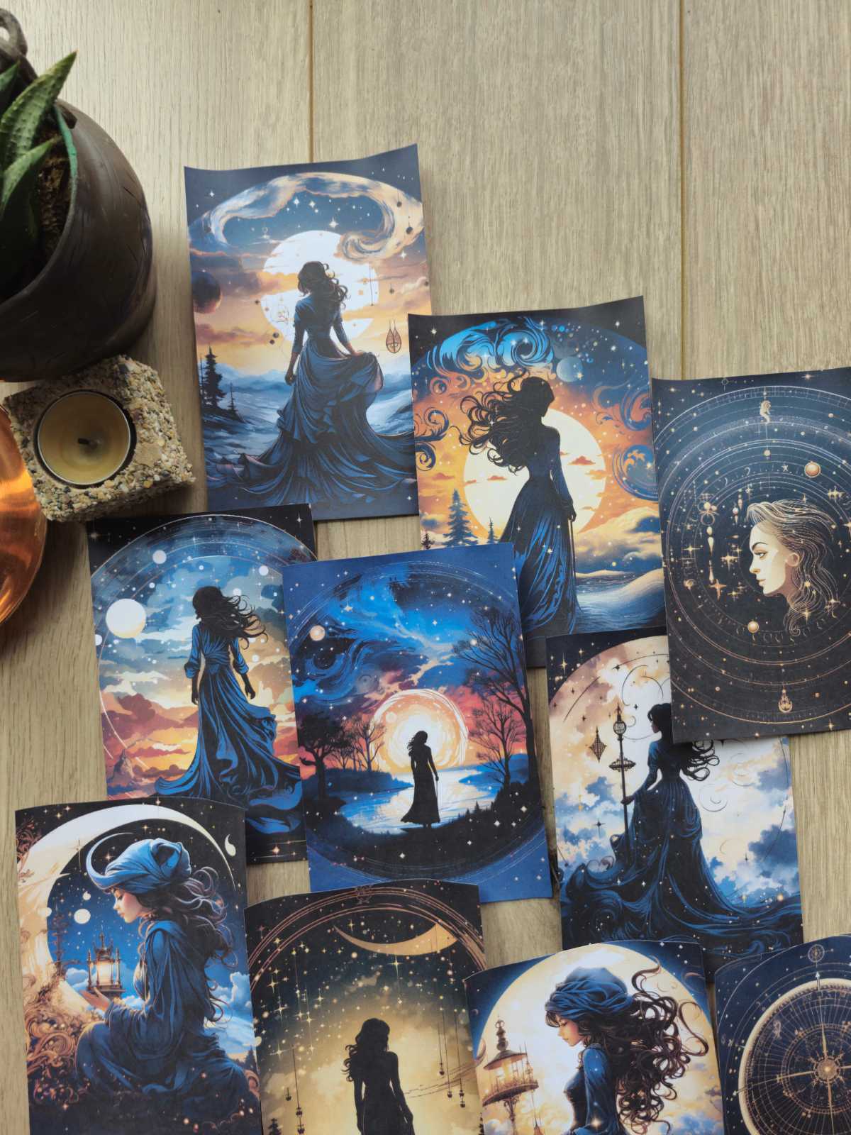 15 Adet Siyah Gece Kadın Ay Temalı Scrapbook Kağıt Seti Bullet Journal Dekupaj Kağıdı