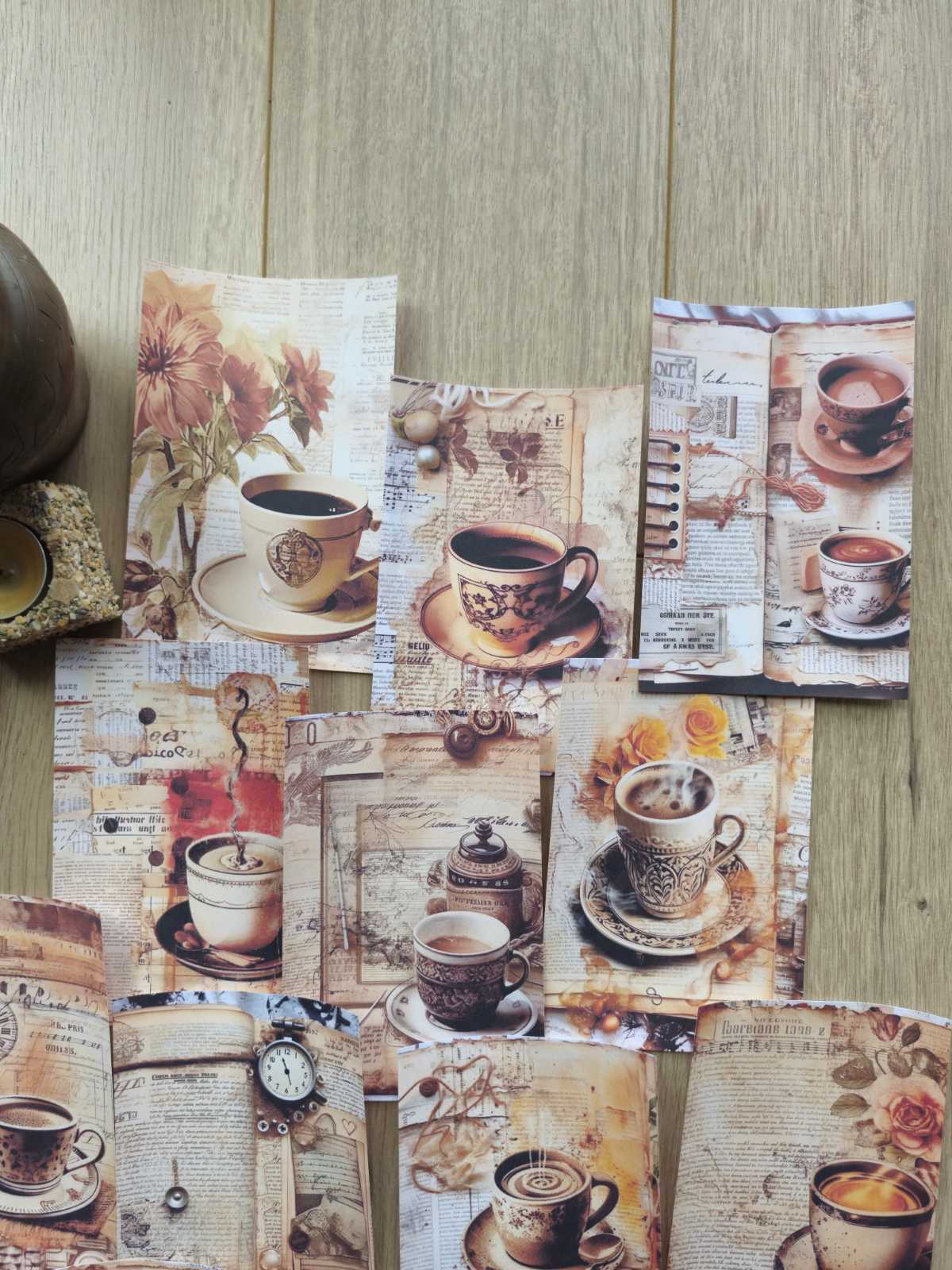 15 Adet Eskitme Vintage Kahve Fincan Temalı Scrapbook Kağıt Seti Bullet Journal Dekupaj Kağıdı