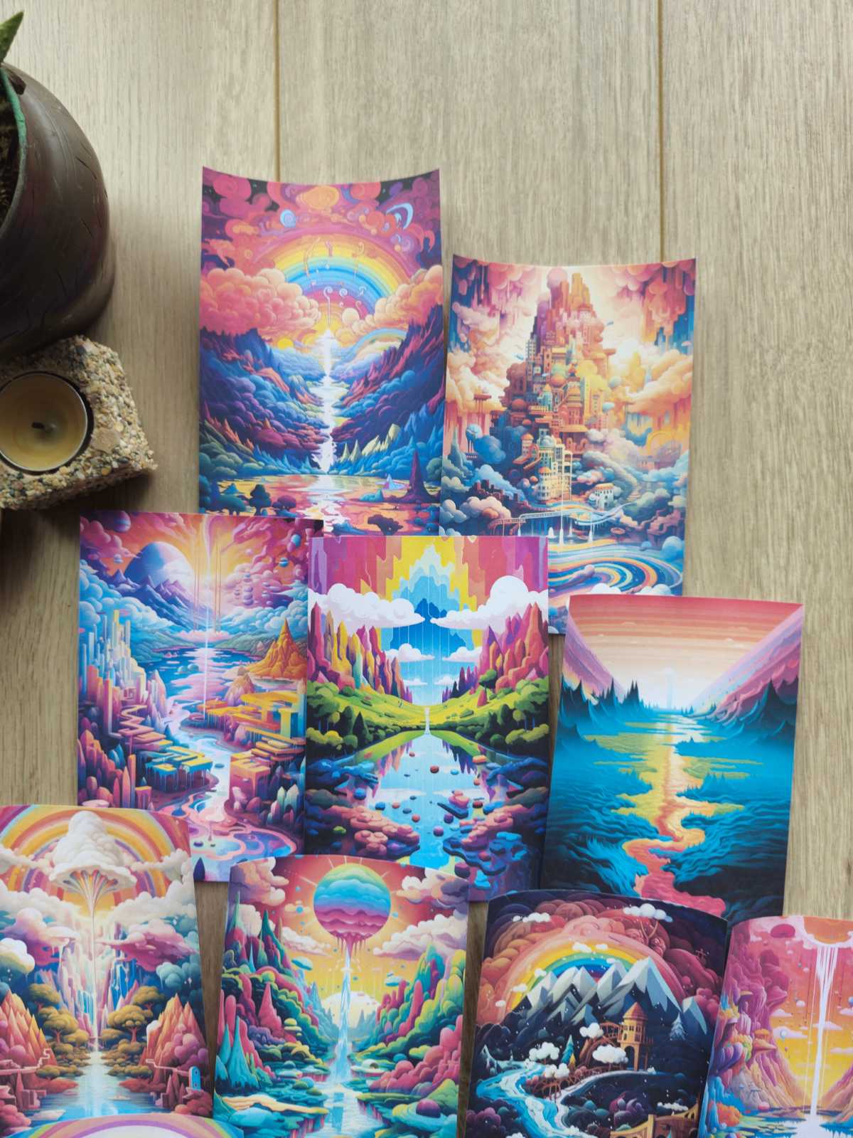 15 Adet Gökkuşağı Temalı Manzara Yapay Zeka Scrapbook Kağıt Seti Bullet Journal Dekupaj Kağıdı